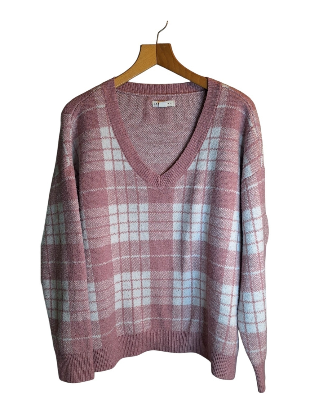 Aeropostale Pink and White Plaid V-Neck Sweater Soft XL